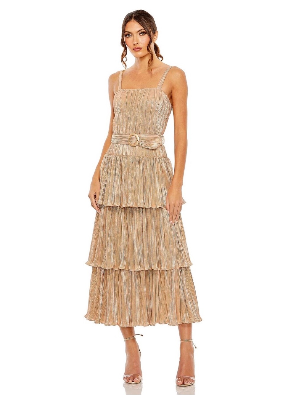 Mac Duggal Gold Tiered Midi Dress Size 4 NWT Wedding Cocktail Evening Formal